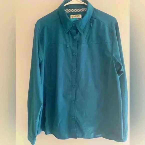 Magellan Outdoors Men's Turquoise Fish Gear Button Up Shirt - Picture 1 of 7